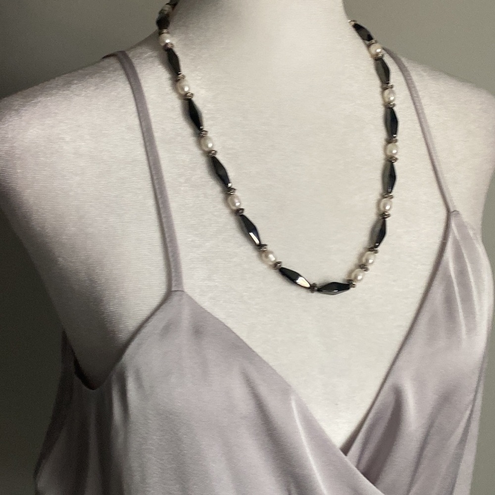 Handcrafted Hematite Baroque Freshwater Pearl and Antiqued Bead Necklace